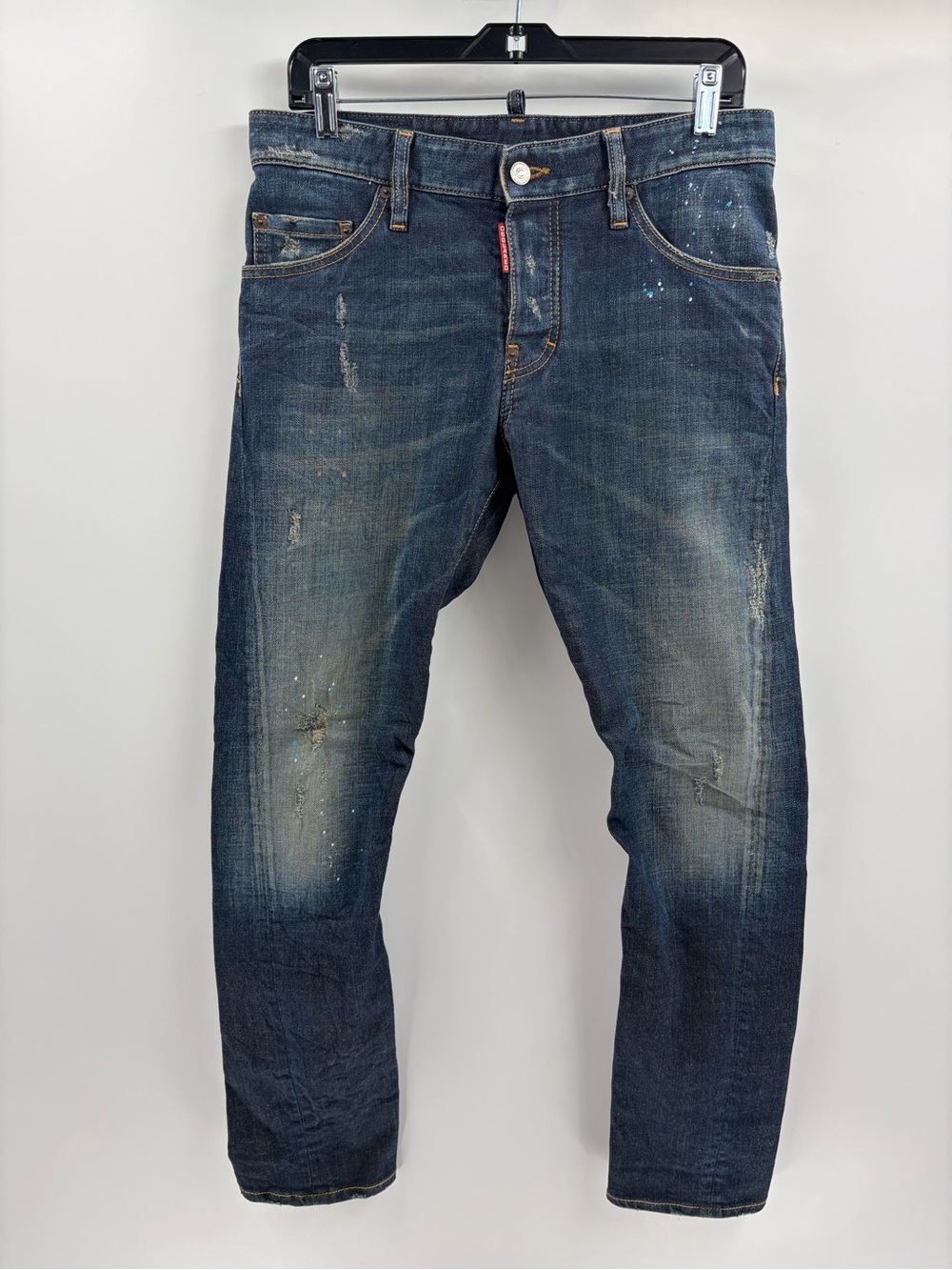 DSQUARED2 men’s paint skinny splatter Blue Distressed Cotton Button Fly Jeans 32